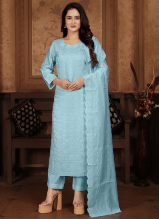 Aqua Blue Chanderi Salwar Suit with Embroidered Work