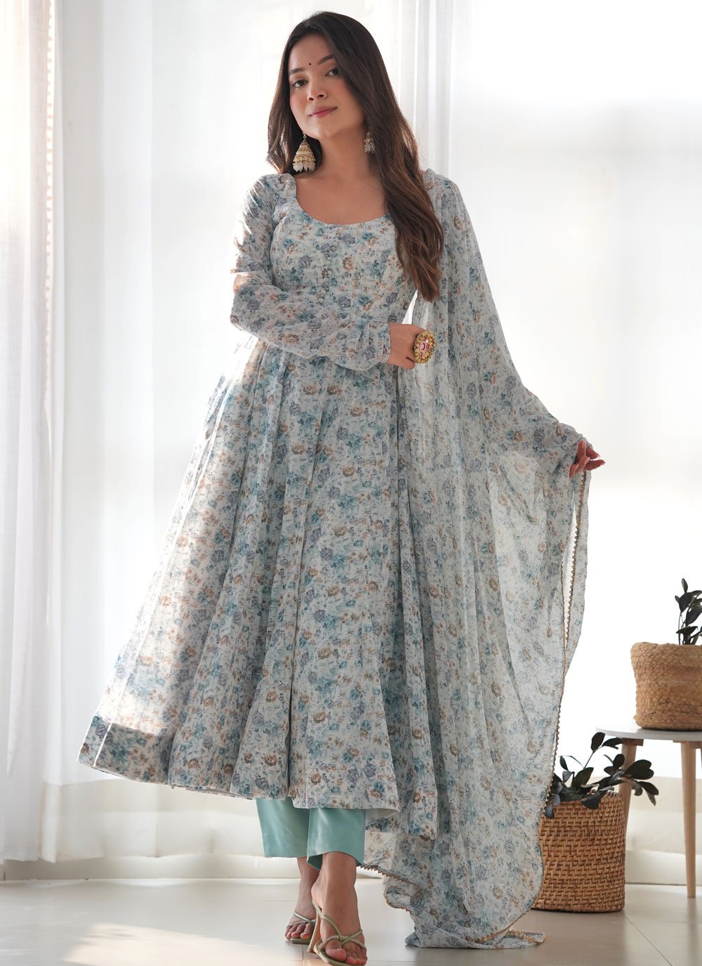 Shop Aqua Blue Chiffon Salwar Suit with Floral Patch Work Online 290899 Salwar Kameez