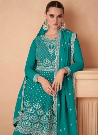 Aqua Blue Chinon Palazzo Salwar Suit with Embroidered and Sequins Work for Ceremonial