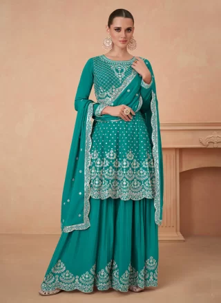 Aqua Blue Chinon Palazzo Salwar Suit with Embroidered and Sequins Work for Ceremonial