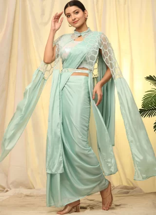 Aqua Blue Chinon Trendy Saree with Embroidered and Sequins Work