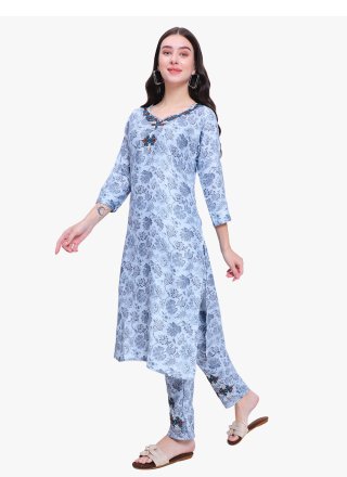 Aqua Blue Cotton Casual Kurti with Digital Print Work for Women