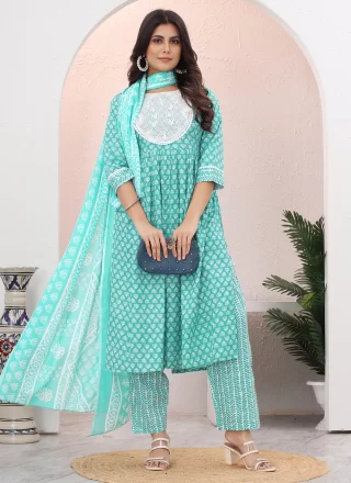 Aqua Blue Cotton Embroidered and Print Work Pant Style Suit for Casual