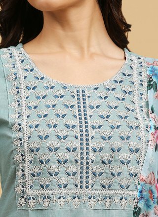 Aqua Blue Cotton Embroidered Work Salwar Suit for Casual