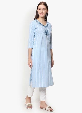 Aqua Blue Cotton Hand Work Party Wear Kurti