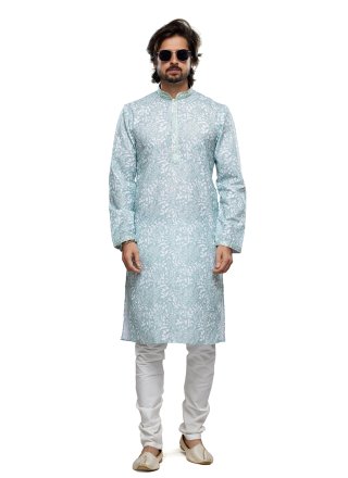 Aqua Blue Cotton Kurta Pyjama with Digital Print and Thread Work for Ceremonial