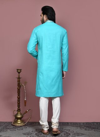 Aqua Blue Cotton Kurta Pyjama with Embroidered and Resham Work for Ceremonial