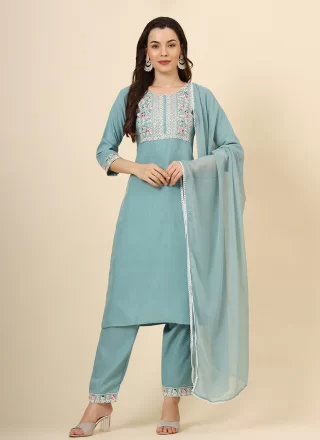 Aqua Blue Cotton Pant Style Suit with Embroidered Work
