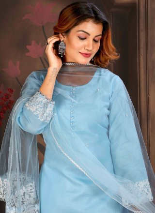 Aqua Blue Cotton Salwar Suit with Embroidered and Resham Work for Women