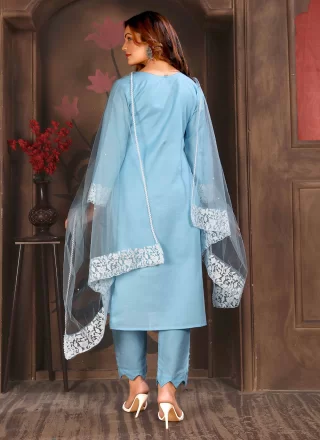 Aqua Blue Cotton Salwar Suit with Embroidered and Resham Work for Women