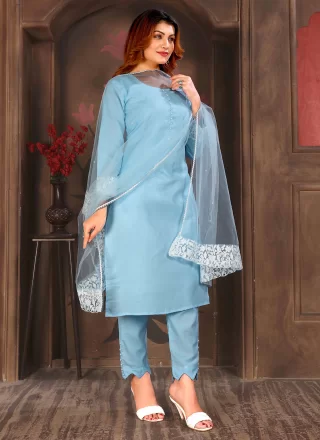 Aqua Blue Cotton Salwar Suit with Embroidered and Resham Work for Women