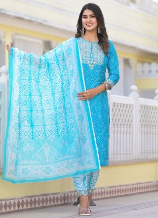 Aqua Blue Cotton Salwar Suit with Embroidered Work
