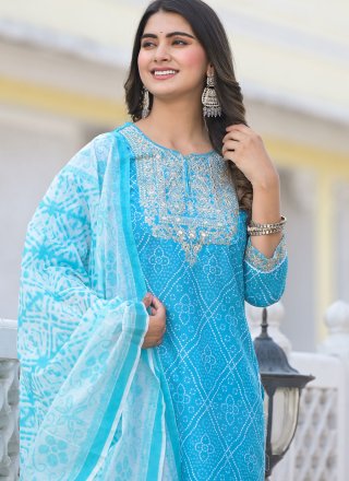 Aqua Blue Cotton Salwar Suit with Embroidered Work
