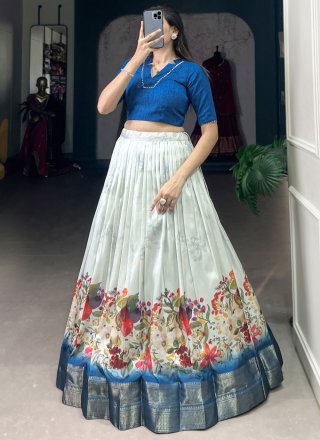 Aqua Blue Cotton Silk Patch Border, Floral Patch and Zari Work Lehenga Choli for Women