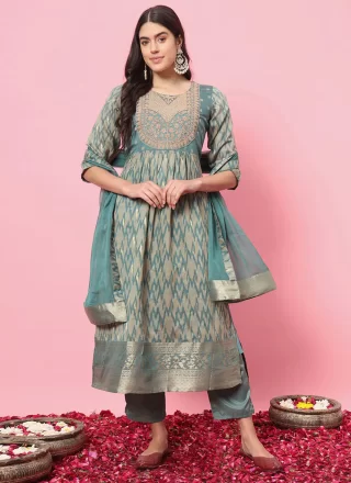 Aqua Blue Cotton Silk Salwar Suit with Embroidered Work