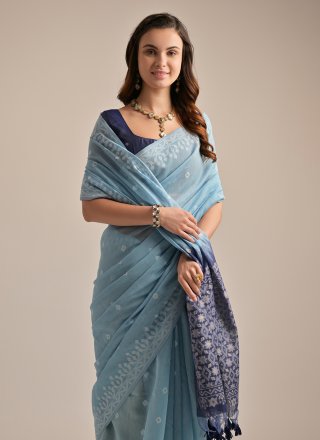 Aqua Blue Cotton Traditional Saree with Weaving Work for Women