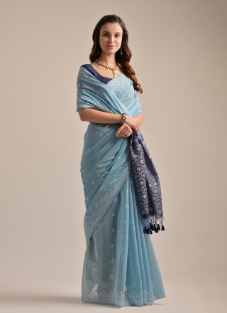 Aqua Blue Cotton Traditional Saree with Weaving Work for Women