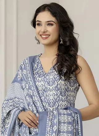 Aqua Blue Cotton Trendy Suit with Digital Print Work