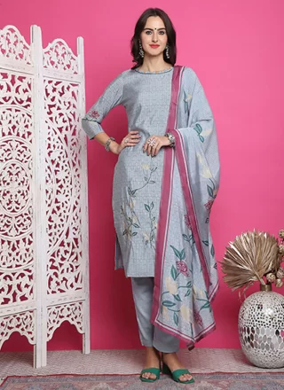 Aqua Blue Digital Print Work Muslin Trendy Suit