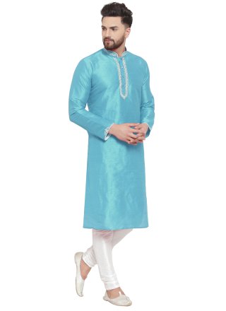 Aqua Blue Dupion Silk Kurta Pyjama with Embroidered Work for Men