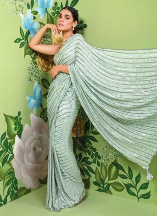 Aqua Blue Embroidered, Lace and Sequins Work Georgette Classic Saree