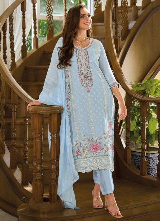 Aqua Blue Embroidered Work Organza Salwar Suit
