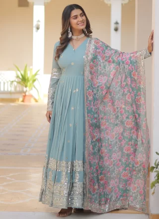 Aqua Blue Faux Georgette Designer Gown with Embroidered, Sequins and Zari Work for Women
