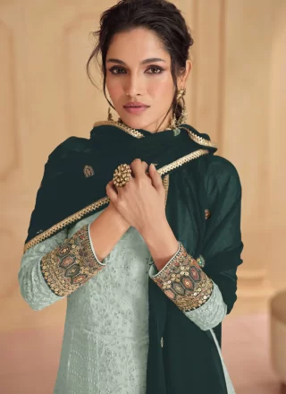 Aqua Blue Faux Georgette Embroidered and Sequins Work Designer Gown for Women