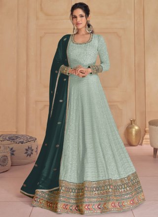 Aqua Blue Faux Georgette Embroidered and Sequins Work Designer Gown for Women