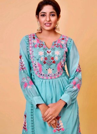 Aqua Blue Faux Georgette Readymade Salwar Suit with Embroidered and Mirror Work for Ceremonial