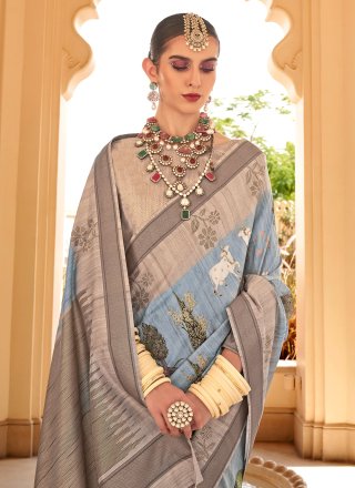 Aqua Blue Foil Print Work Raw Silk Classic Saree