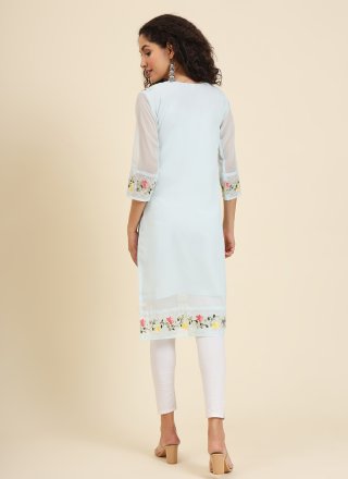 Aqua Blue Georgette Casual Kurti with Chikankari, Embroidered and Lucknowi Work Work for Women