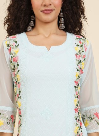 Aqua Blue Georgette Casual Kurti with Chikankari, Embroidered and Lucknowi Work Work for Women