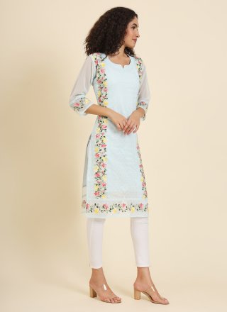 Aqua Blue Georgette Casual Kurti with Chikankari, Embroidered and Lucknowi Work Work for Women