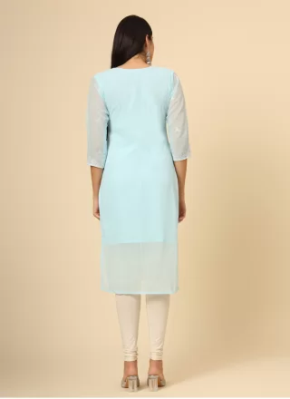 Aqua Blue Georgette Chikankari and Embroidered Work Casual Kurti for Casual