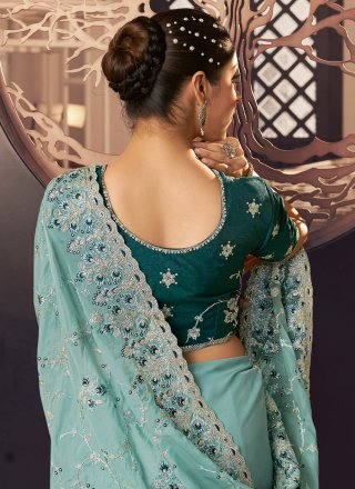 Aqua Blue Georgette Contemporary Saree with Embroidered Work