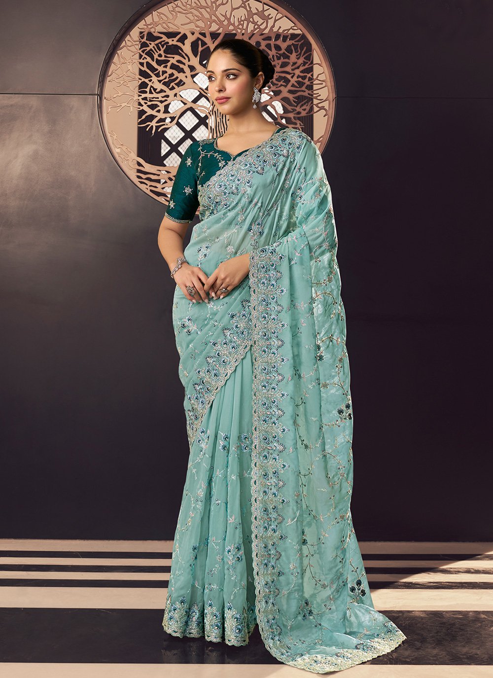 PARTY WEAR SEQUENCE WORK SAREE WITH UNSTITCHED BLOUSE BLUE – Ethnicgarment