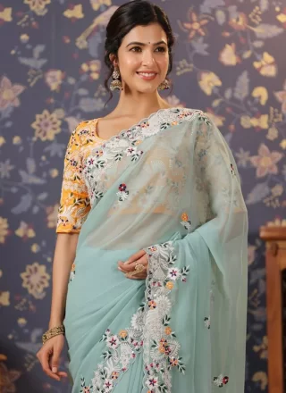 Aqua Blue Georgette Contemporary Sari with Embroidered Work for Women