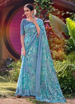 Aqua Blue Georgette Designer Sari with Print Work