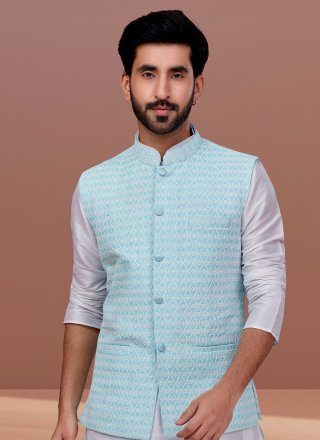 Aqua Blue Georgette Nehru Jackets with Embroidered Work for Men