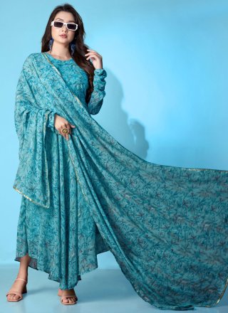 Aqua Blue Georgette Print Work Designer Gown for Casual