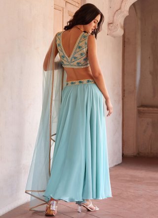 Aqua Blue Georgette Readymade Lehenga Choli with Embroidered and Mirror Work for Women