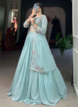 Aqua Blue Georgette Readymade Lehenga Choli with Embroidered and Plain Work for Women