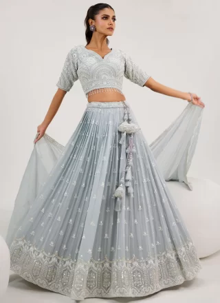 Aqua Blue Georgette Readymade Lehenga Choli with Embroidered, Stone and Thread Work
