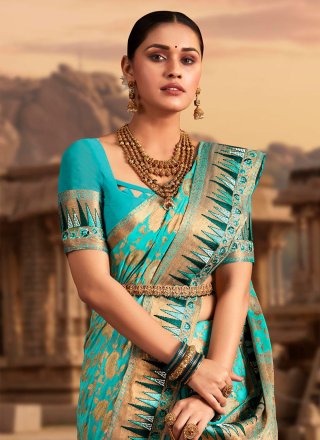 Aqua Blue Georgette Trendy Saree with Embroidered and Weaving Work for Women