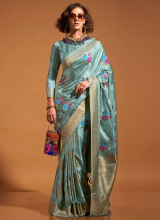 Aqua Blue Handloom Silk Contemporary Sari