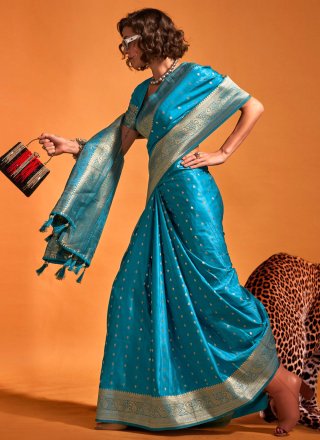 Aqua Blue Handloom Silk Weaving Work Classic Saree for Ceremonial