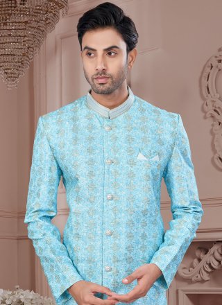 Aqua Blue Imported Digital Print and Machine Embroidery Work Indo Western Sherwani for Ceremonial