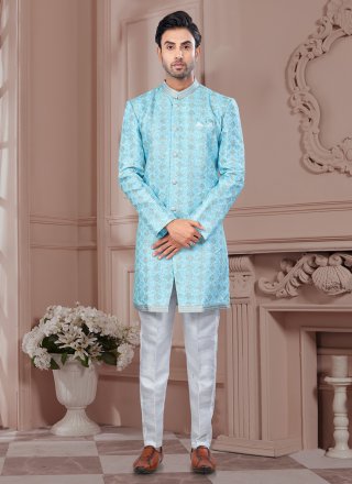 Aqua Blue Imported Digital Print and Machine Embroidery Work Indo Western Sherwani for Ceremonial