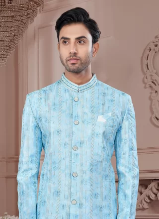 Aqua Blue Imported Indo Western Sherwani with Buttons, Digital Print, Machine Embroidery, Stone and Thread Work for Men